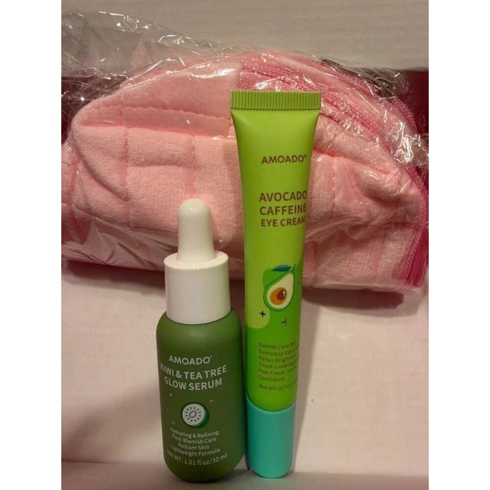 Amoado avocado eye cream, kiwi and tea tree glow serum & pink cosmetic case